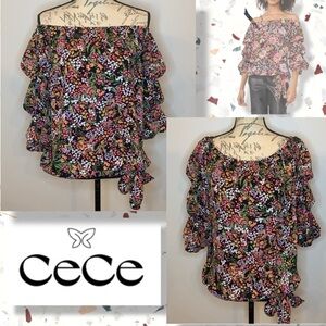 CeCe Floral Off-Shoulder Blouse - Black and Multicolor